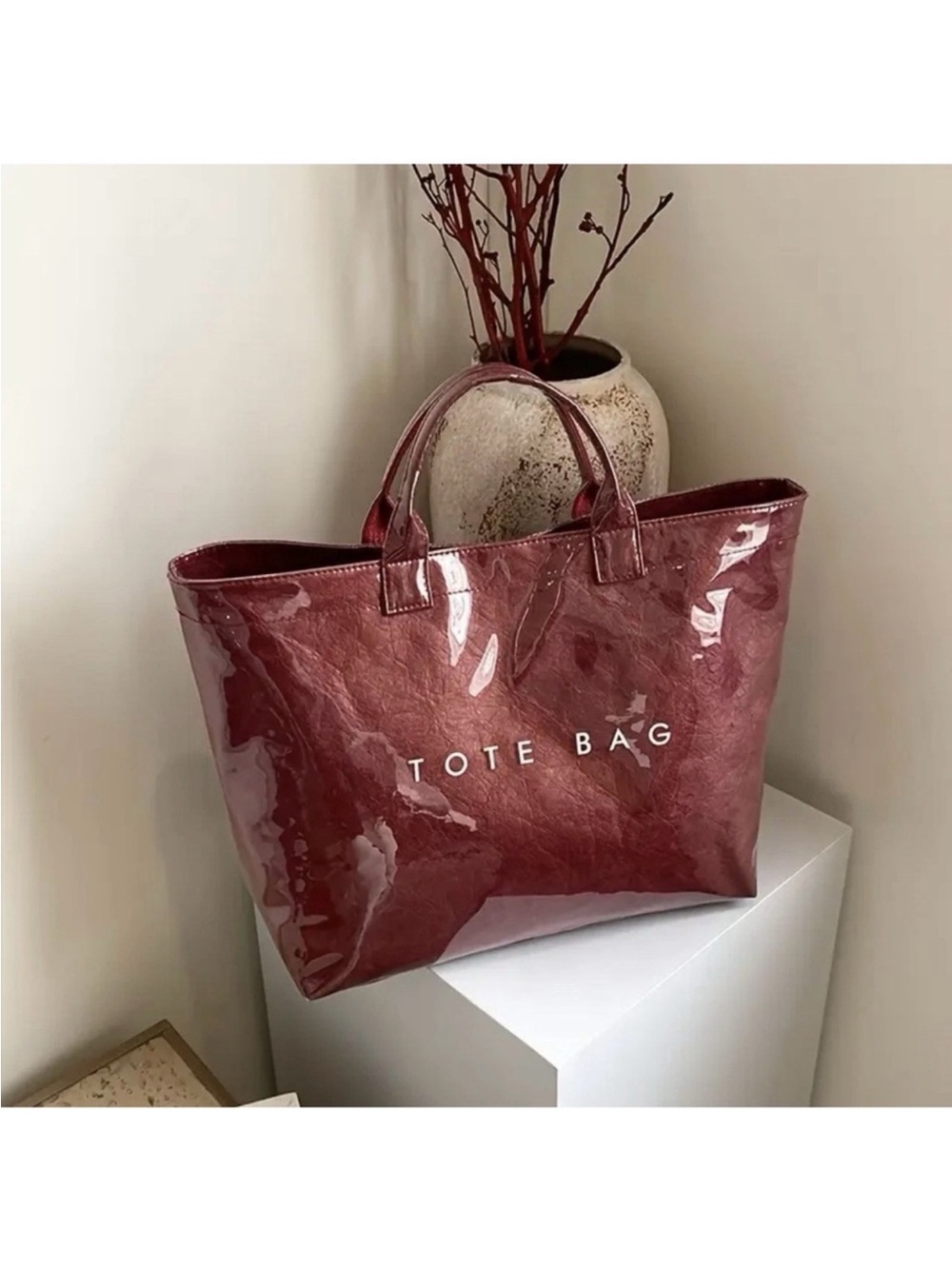 New ~ Designer Glossy Burgundy Tote Bag